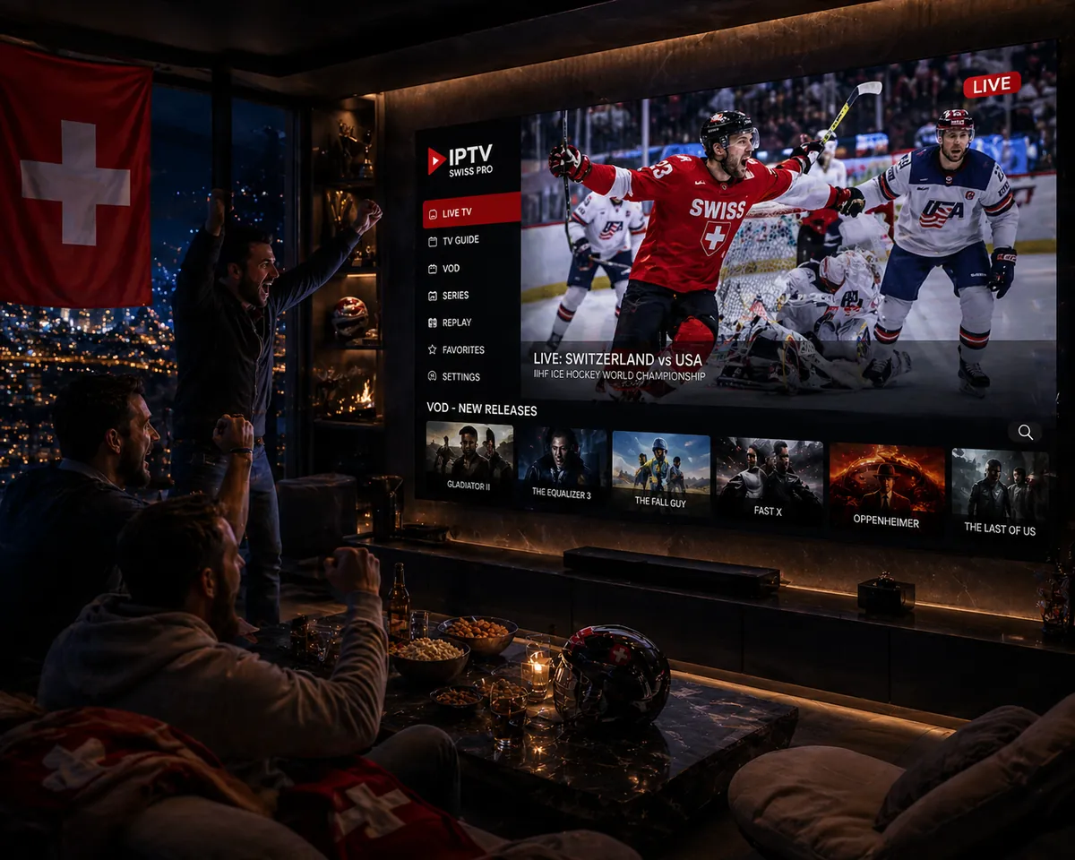 Bester IPTV Provider Schweiz – Freunde jubeln beim Live-Eishockey Schweiz vs USA auf riesigem Bildschirm
