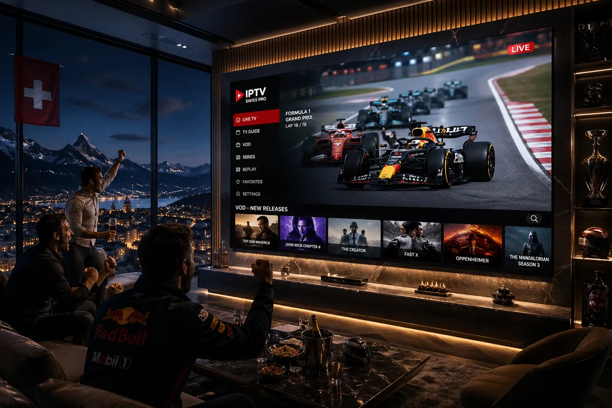 IPTV Server Schweiz Qualität – Freunde schauen F1 Grand Prix Live mit Schweizer Alpen im Hintergrund