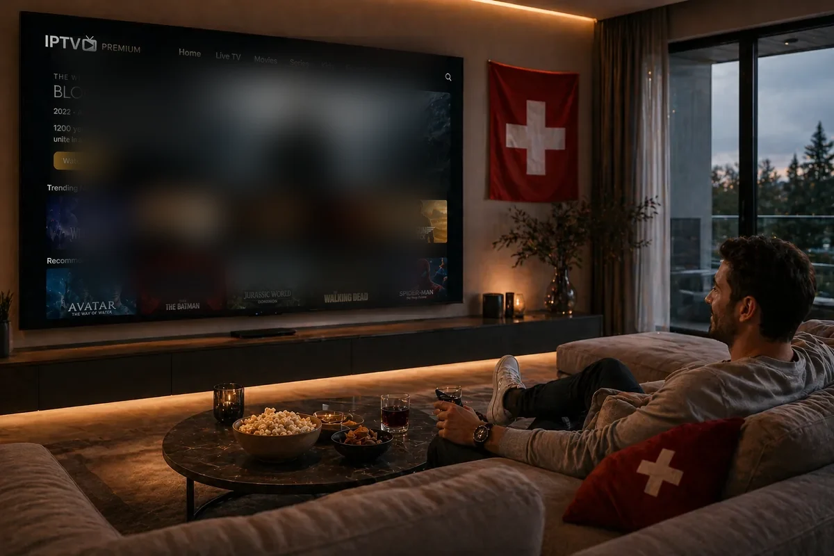 Bester IPTV Provider Schweiz 2026 – Mann mit Premium IPTV und Schweizer Flagge