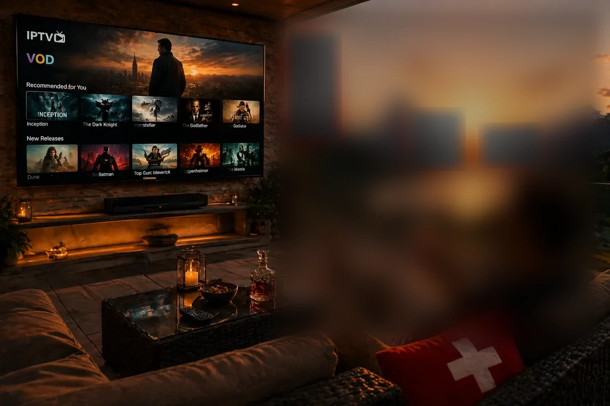 Legale IPTV Anbieter Schweiz – Mann entspannt mit IPTV, Schweizer Fahne und Alpenblick bei Sonnenuntergang
