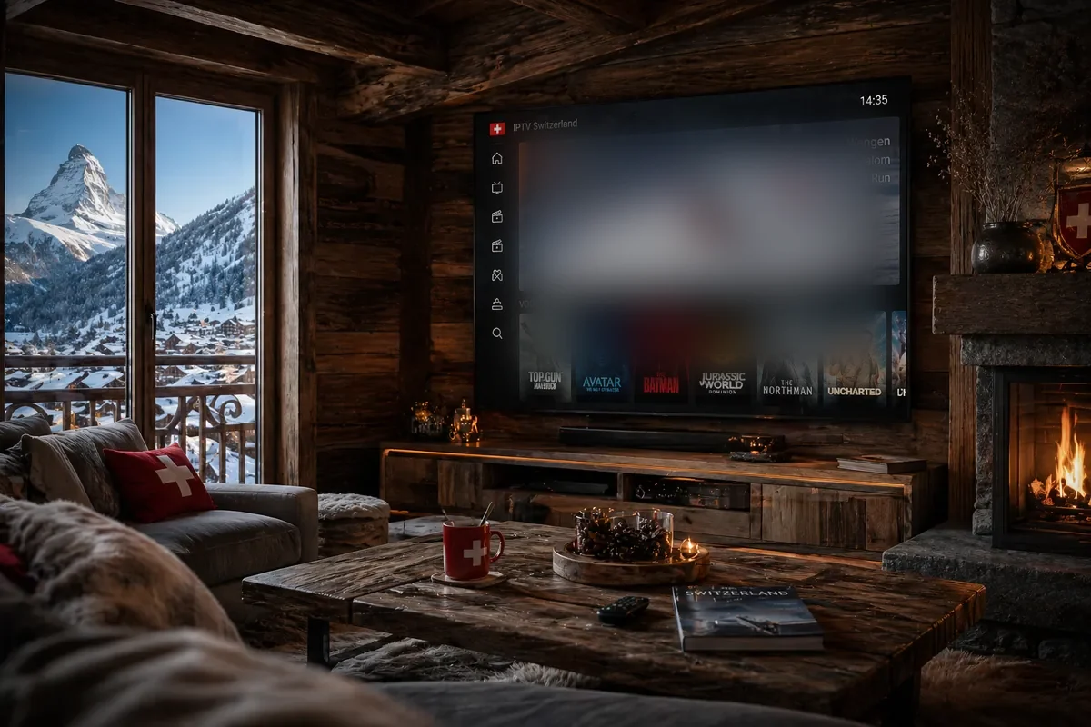 IPTV Schweiz legal – Gemütliches Wohnzimmer mit IPTV auf dem TV und Matterhorn-Blick