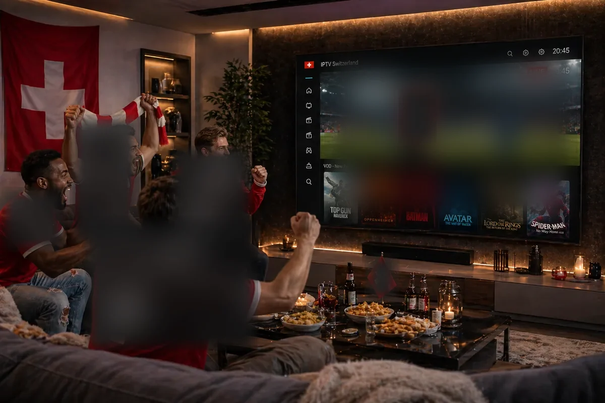 IPTV Schweiz legal – Schweizer Fans schauen gemeinsam Live-Fussball per IPTV, Schweizer Fahnen im Hintergrund